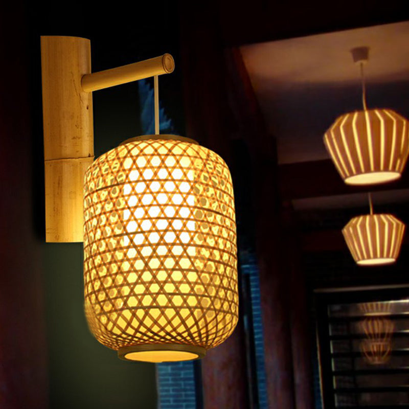 Bamboo Weaving Lantern Wall Sconce Chinese 1 Head Wood Wall Hanging Light for Corridor Clearhalo 'Modern wall lights' 'Modern' 'Wall Lamps & Sconces' 'Wall Lights' Lighting' 2415234