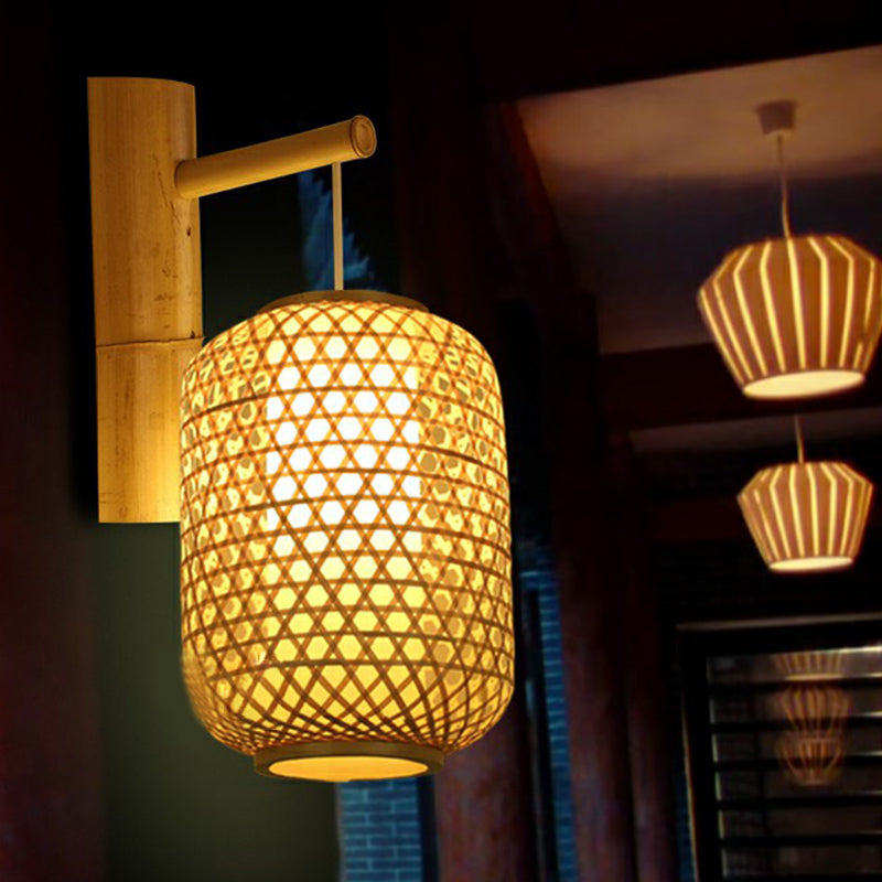 Bamboo Weaving Lantern Wall Sconce Chinese 1 Head Wood Wall Hanging Light for Corridor Clearhalo 'Modern wall lights' 'Modern' 'Wall Lamps & Sconces' 'Wall Lights' Lighting' 2415234