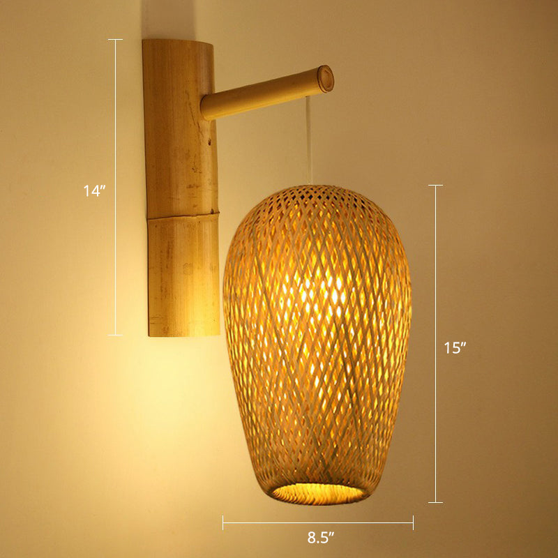 Bamboo Weaving Lantern Wall Sconce Chinese 1 Head Wood Wall Hanging Light for Corridor Wood Long Column Clearhalo 'Modern wall lights' 'Modern' 'Wall Lamps & Sconces' 'Wall Lights' Lighting' 2415236
