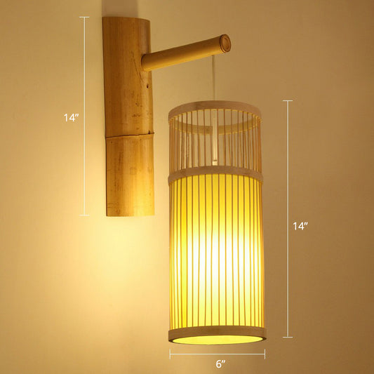 Bamboo Weaving Lantern Wall Sconce Chinese 1 Head Wood Wall Hanging Light for Corridor Wood Cylinder Clearhalo 'Modern wall lights' 'Modern' 'Wall Lamps & Sconces' 'Wall Lights' Lighting' 2415238