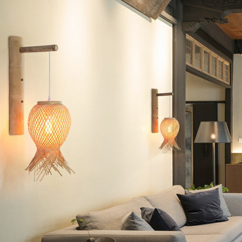 Octopus Shaped Bedside Wall Lamp Bamboo 1 Bulb Japanese Wall Light Fixture in Wood Clearhalo 'Modern wall lights' 'Modern' 'Wall Lamps & Sconces' 'Wall Lights' Lighting' 2415246