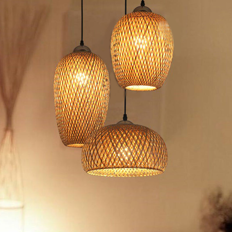 3-Light Restaurant Multiple Hanging Lamp South-East Asia Wood Pendant Light with Handmade Bamboo Shade Clearhalo 'Ceiling Lights' 'Modern Pendants' 'Modern' 'Pendant Lights' 'Pendants' Lighting' 2415249