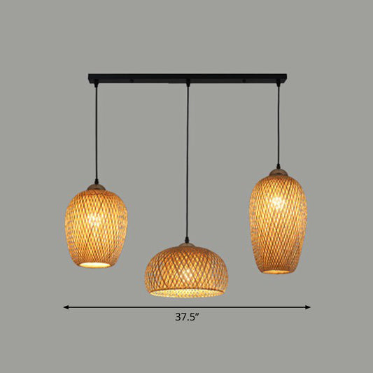 3-Light Restaurant Multiple Hanging Lamp South-East Asia Wood Pendant Light with Handmade Bamboo Shade Wood Linear Clearhalo 'Ceiling Lights' 'Modern Pendants' 'Modern' 'Pendant Lights' 'Pendants' Lighting' 2415250