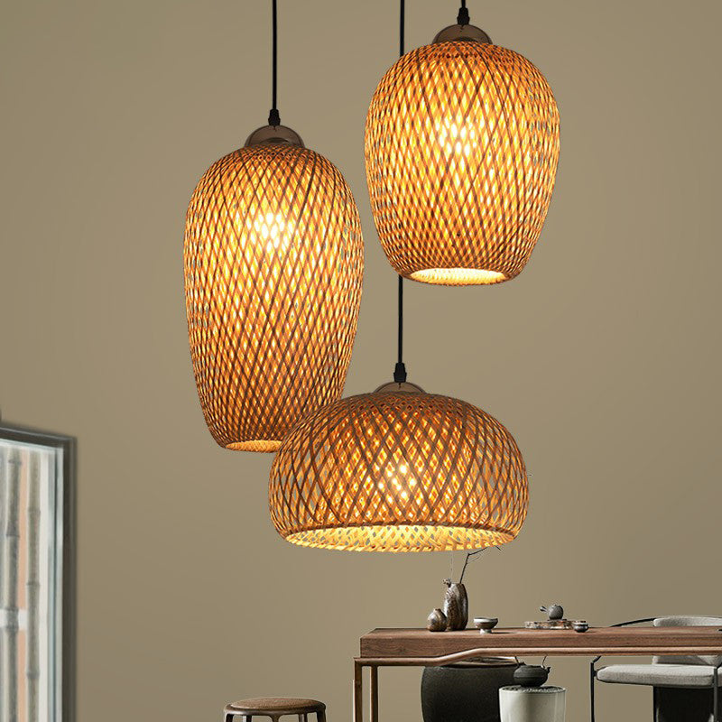 3-Light Restaurant Multiple Hanging Lamp South-East Asia Wood Pendant Light with Handmade Bamboo Shade Clearhalo 'Ceiling Lights' 'Modern Pendants' 'Modern' 'Pendant Lights' 'Pendants' Lighting' 2415251