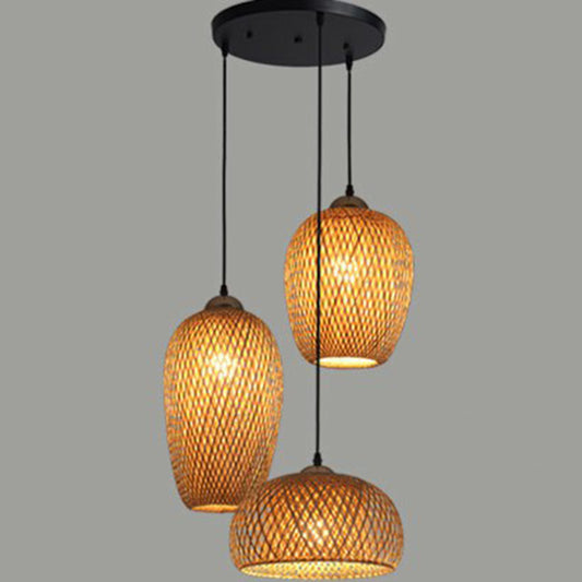 3-Light Restaurant Multiple Hanging Lamp South-East Asia Wood Pendant Light with Handmade Bamboo Shade Wood Round Clearhalo 'Ceiling Lights' 'Modern Pendants' 'Modern' 'Pendant Lights' 'Pendants' Lighting' 2415252