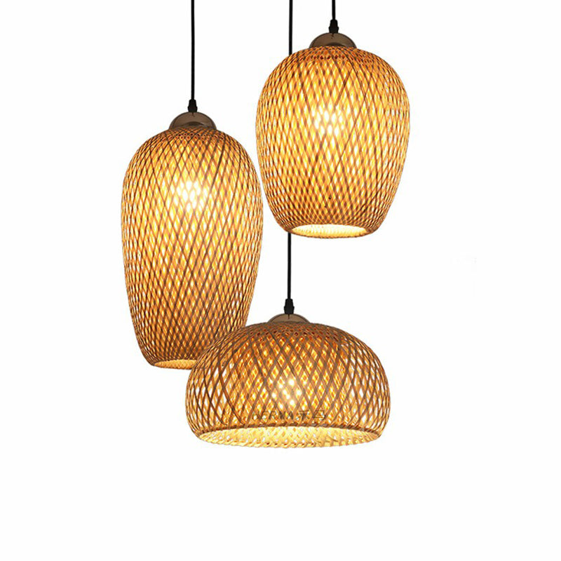 3-Light Restaurant Multiple Hanging Lamp South-East Asia Wood Pendant Light with Handmade Bamboo Shade Clearhalo 'Ceiling Lights' 'Modern Pendants' 'Modern' 'Pendant Lights' 'Pendants' Lighting' 2415253
