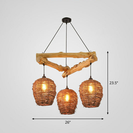 Nordic 3-Bulb Island Light Brown Branch Suspension Pendant with Wooden Shade for Bedroom Wood 26" Clearhalo 'Ceiling Lights' 'Island Lights' Lighting' 2415265