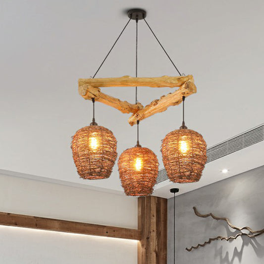Nordic 3-Bulb Island Light Brown Branch Suspension Pendant with Wooden Shade for Bedroom Clearhalo 'Ceiling Lights' 'Island Lights' Lighting' 2415267