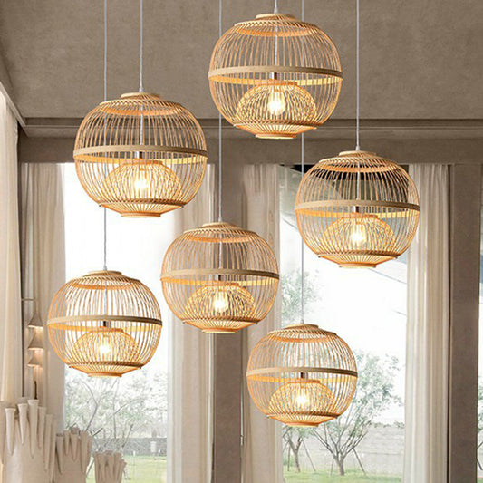 Wood Rounded Cage Suspension Light Nordic 1 Head Bamboo Pendant Lamp for Dining Room Clearhalo 'Ceiling Lights' 'Modern Pendants' 'Modern' 'Pendant Lights' 'Pendants' Lighting' 2415280