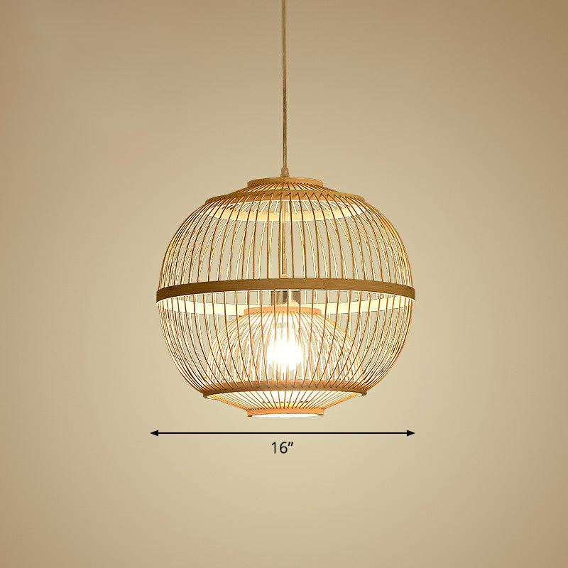 Wood Rounded Cage Suspension Light Nordic 1 Head Bamboo Pendant Lamp for Dining Room Wood 16" Clearhalo 'Ceiling Lights' 'Modern Pendants' 'Modern' 'Pendant Lights' 'Pendants' Lighting' 2415281