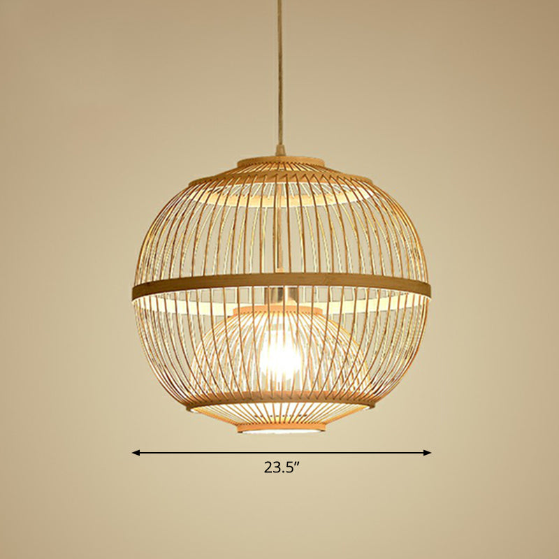 Wood Rounded Cage Suspension Light Nordic 1 Head Bamboo Pendant Lamp for Dining Room Wood 23.5" Clearhalo 'Ceiling Lights' 'Modern Pendants' 'Modern' 'Pendant Lights' 'Pendants' Lighting' 2415282