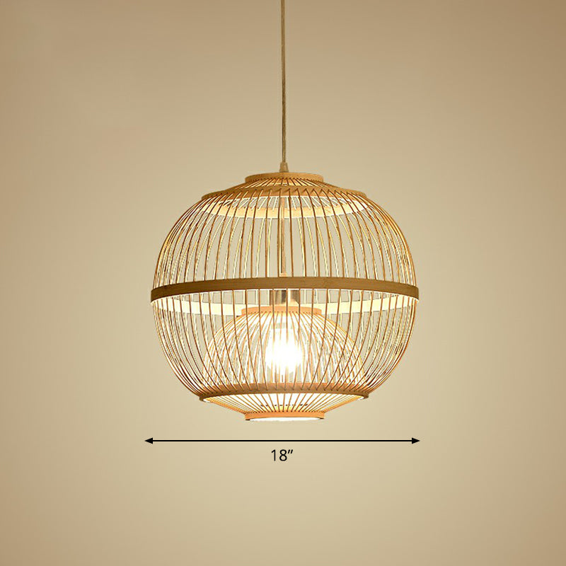 Wood Rounded Cage Suspension Light Nordic 1 Head Bamboo Pendant Lamp for Dining Room Wood 18" Clearhalo 'Ceiling Lights' 'Modern Pendants' 'Modern' 'Pendant Lights' 'Pendants' Lighting' 2415284