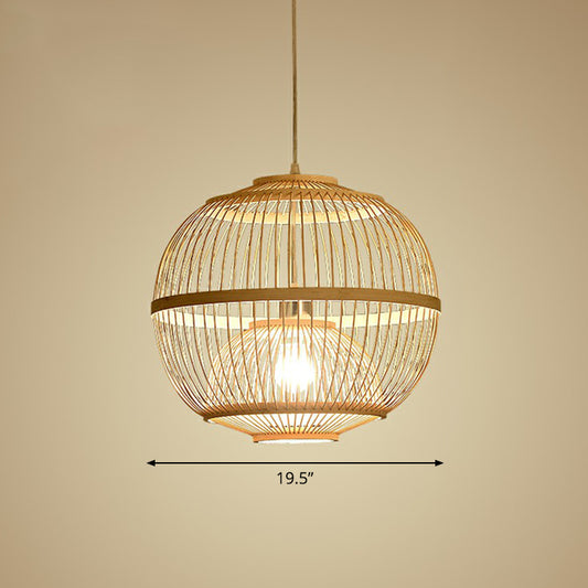 Wood Rounded Cage Suspension Light Nordic 1 Head Bamboo Pendant Lamp for Dining Room Wood 19.5" Clearhalo 'Ceiling Lights' 'Modern Pendants' 'Modern' 'Pendant Lights' 'Pendants' Lighting' 2415286