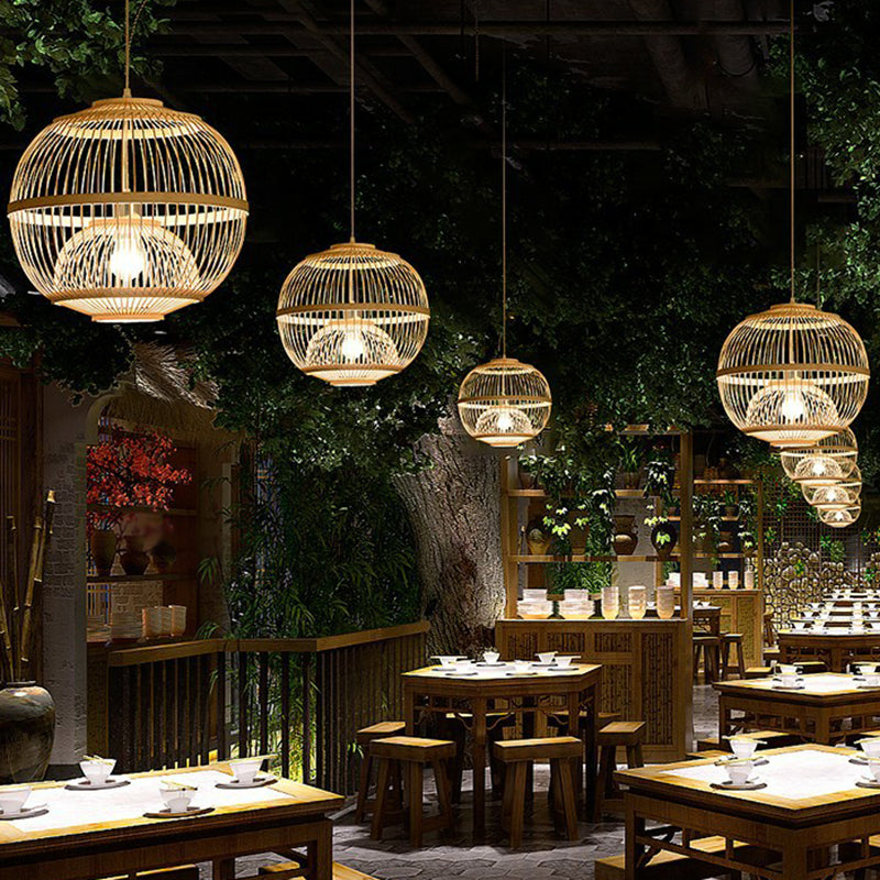 Wood Rounded Cage Suspension Light Nordic 1 Head Bamboo Pendant Lamp for Dining Room Clearhalo 'Ceiling Lights' 'Modern Pendants' 'Modern' 'Pendant Lights' 'Pendants' Lighting' 2415287