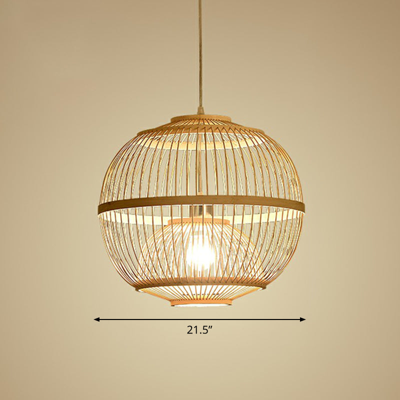 Wood Rounded Cage Suspension Light Nordic 1 Head Bamboo Pendant Lamp for Dining Room Wood 21.5" Clearhalo 'Ceiling Lights' 'Modern Pendants' 'Modern' 'Pendant Lights' 'Pendants' Lighting' 2415288
