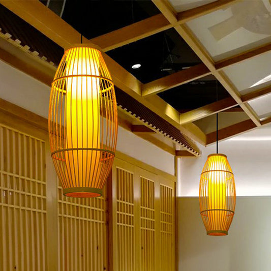 Barrel Shaped Restaurant Hanging Lighting Bamboo 1 Bulb Asian Pendant Light in Wood Clearhalo 'Ceiling Lights' 'Modern Pendants' 'Modern' 'Pendant Lights' 'Pendants' Lighting' 2415290