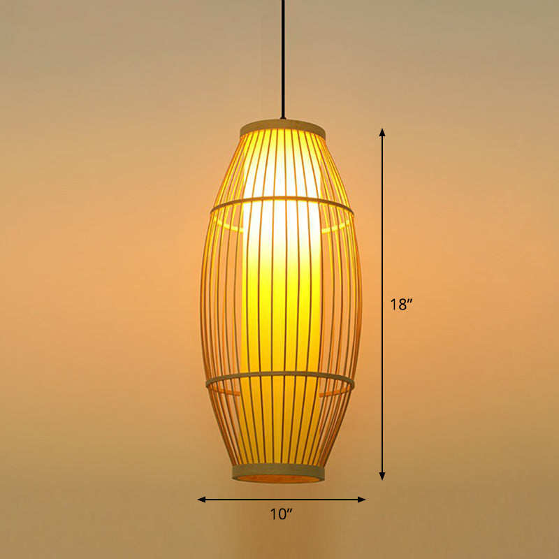 Barrel Shaped Restaurant Hanging Lighting Bamboo 1 Bulb Asian Pendant Light in Wood Wood 10" Clearhalo 'Ceiling Lights' 'Modern Pendants' 'Modern' 'Pendant Lights' 'Pendants' Lighting' 2415291