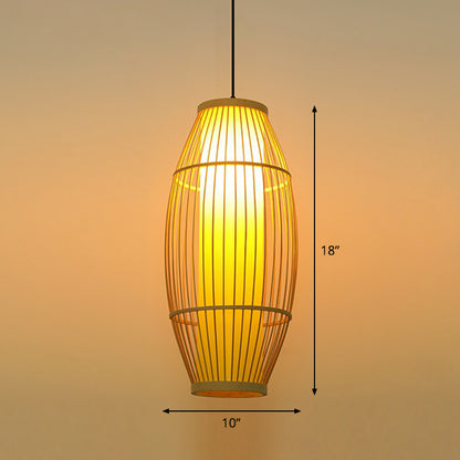 Barrel Shaped Restaurant Hanging Lighting Bamboo 1 Bulb Asian Pendant Light in Wood Wood 10" Clearhalo 'Ceiling Lights' 'Modern Pendants' 'Modern' 'Pendant Lights' 'Pendants' Lighting' 2415291