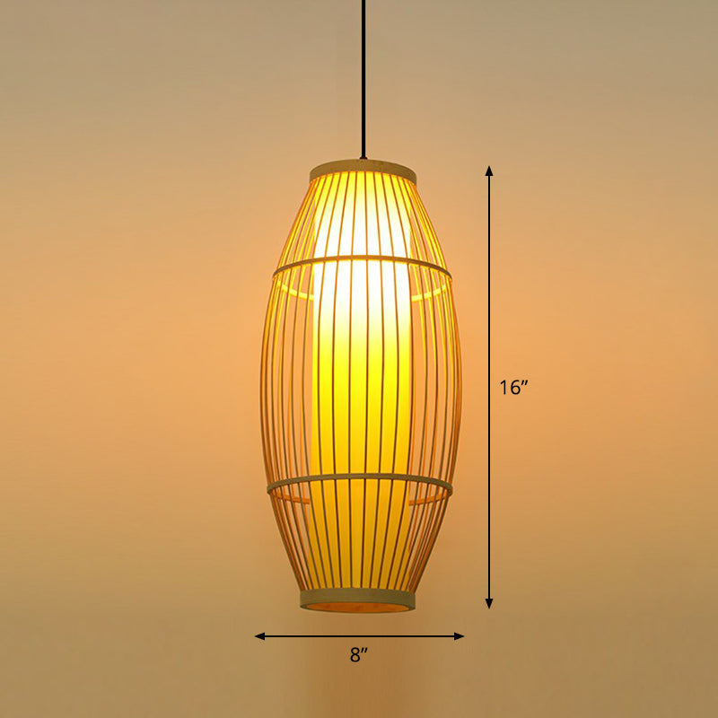 Barrel Shaped Restaurant Hanging Lighting Bamboo 1 Bulb Asian Pendant Light in Wood Wood 8" Clearhalo 'Ceiling Lights' 'Modern Pendants' 'Modern' 'Pendant Lights' 'Pendants' Lighting' 2415292