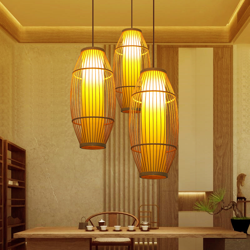 Barrel Shaped Restaurant Hanging Lighting Bamboo 1 Bulb Asian Pendant Light in Wood Clearhalo 'Ceiling Lights' 'Modern Pendants' 'Modern' 'Pendant Lights' 'Pendants' Lighting' 2415293