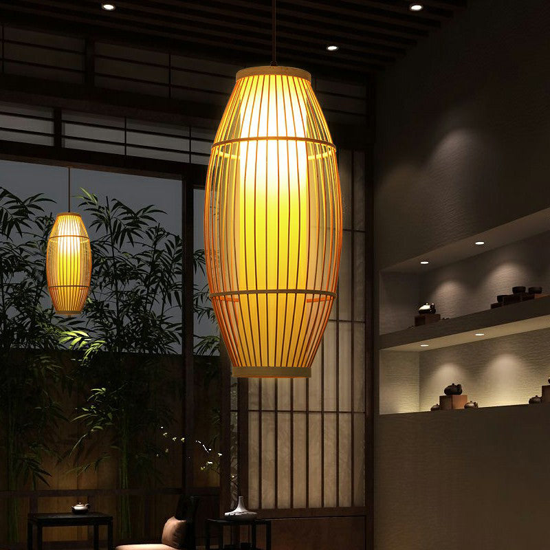 Barrel Shaped Restaurant Hanging Lighting Bamboo 1 Bulb Asian Pendant Light in Wood Clearhalo 'Ceiling Lights' 'Modern Pendants' 'Modern' 'Pendant Lights' 'Pendants' Lighting' 2415294