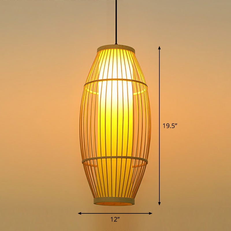 Barrel Shaped Restaurant Hanging Lighting Bamboo 1 Bulb Asian Pendant Light in Wood Wood 12" Clearhalo 'Ceiling Lights' 'Modern Pendants' 'Modern' 'Pendant Lights' 'Pendants' Lighting' 2415296