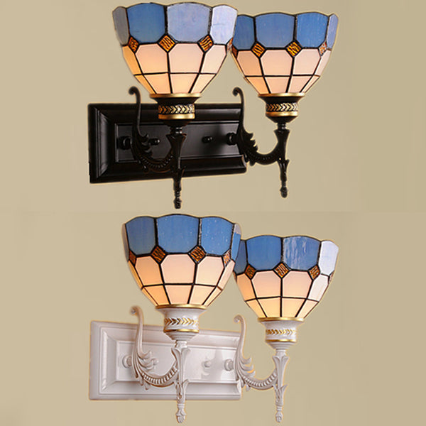 2 Lights Bowl Wall Lighting Industrial Tiffany Stained Glass Indoor Lighting in White/Black for Corridor Clearhalo 'Industrial' 'Middle century wall lights' 'Tiffany wall lights' 'Tiffany' 'Wall Lamps & Sconces' 'Wall Lights' Lighting' 24153