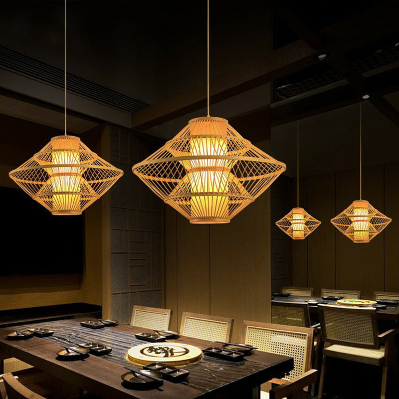 Rhombus Shaped Pendant Light Fixture Modern Bamboo Single Wood Ceiling Hang Light for Restaurant Clearhalo 'Ceiling Lights' 'Modern Pendants' 'Modern' 'Pendant Lights' 'Pendants' Lighting' 2415312