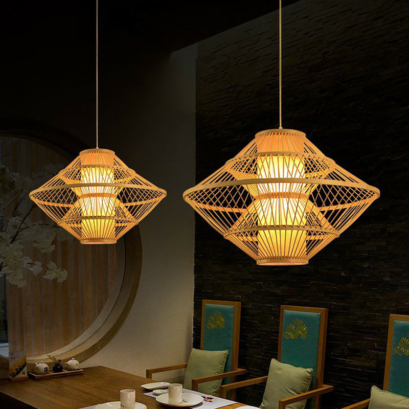Rhombus Shaped Pendant Light Fixture Modern Bamboo Single Wood Ceiling Hang Light for Restaurant Clearhalo 'Ceiling Lights' 'Modern Pendants' 'Modern' 'Pendant Lights' 'Pendants' Lighting' 2415315