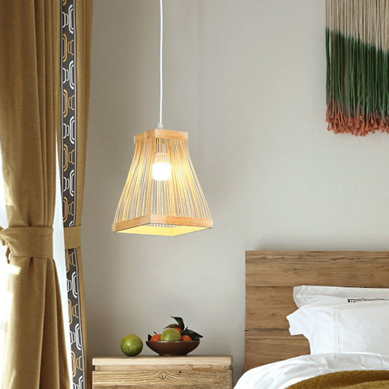 Trapezoid Bedside Pendant Lamp Bamboo 1 Bulb Nordic Style Pendulum Light in Wood Wood Clearhalo 'Ceiling Lights' 'Modern Pendants' 'Modern' 'Pendant Lights' 'Pendants' Lighting' 2415321