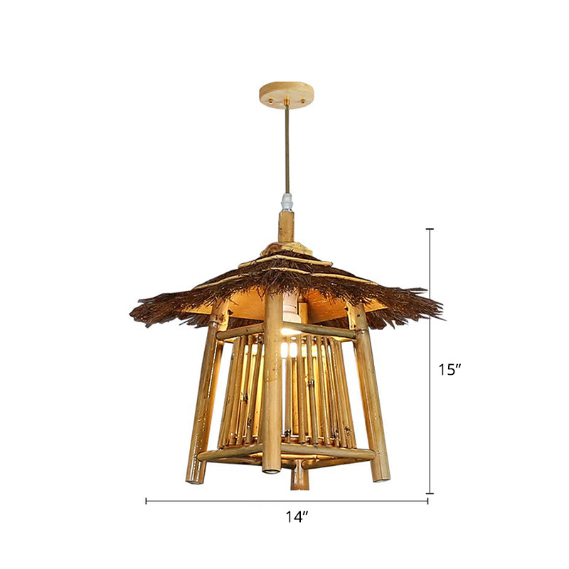 Japanese Pavilion Pendant Lighting Bamboo 1-Light Tea Room Hanging Ceiling Light in Wood Wood with Lace Clearhalo 'Ceiling Lights' 'Modern Pendants' 'Modern' 'Pendant Lights' 'Pendants' Lighting' 2415327