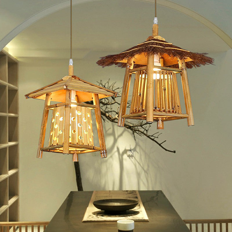 Japanese Pavilion Pendant Lighting Bamboo 1-Light Tea Room Hanging Ceiling Light in Wood Clearhalo 'Ceiling Lights' 'Modern Pendants' 'Modern' 'Pendant Lights' 'Pendants' Lighting' 2415329