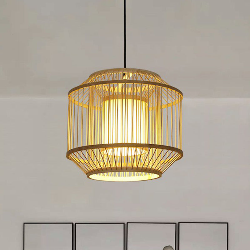 Wood Handcrafted Cage Pendant Light Asian 1 Head Bamboo Drop Lamp for Dining Room Clearhalo 'Ceiling Lights' 'Modern Pendants' 'Modern' 'Pendant Lights' 'Pendants' Lighting' 2415333