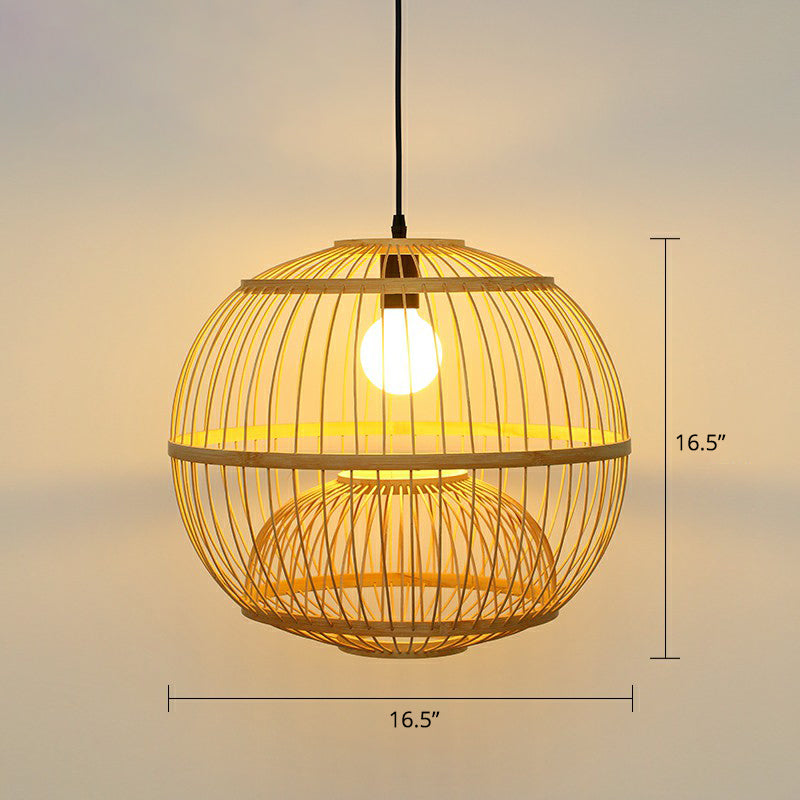 Wood Handcrafted Cage Pendant Light Asian 1 Head Bamboo Drop Lamp for Dining Room Wood Small Globe Clearhalo 'Ceiling Lights' 'Modern Pendants' 'Modern' 'Pendant Lights' 'Pendants' Lighting' 2415334