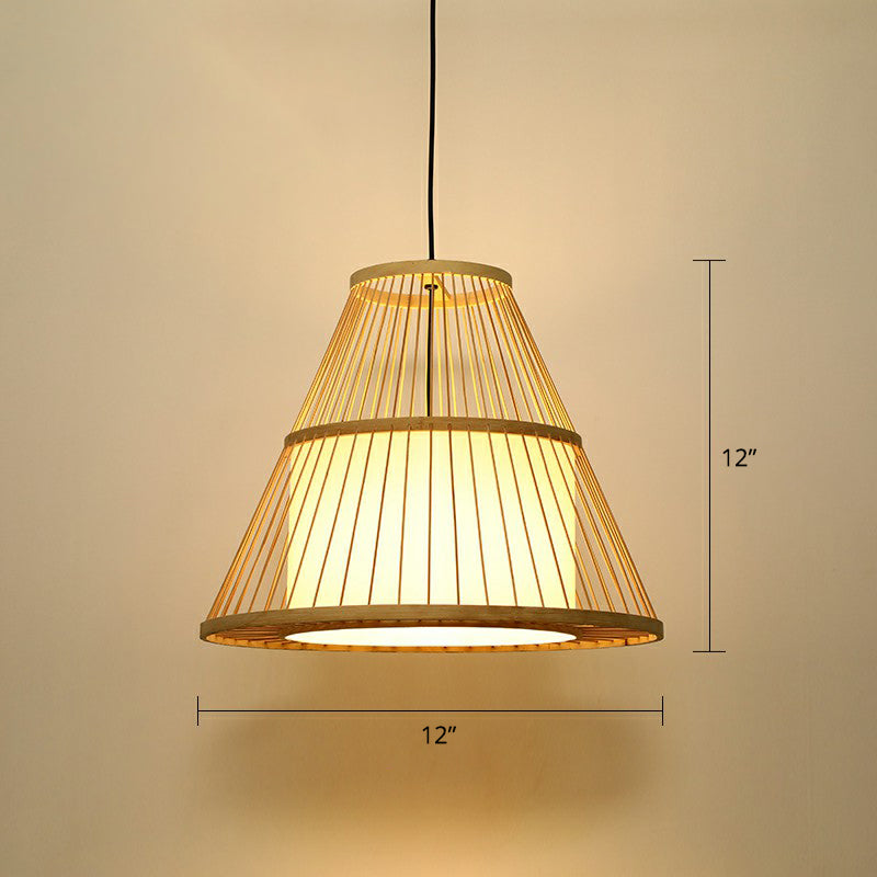 Wood Handcrafted Cage Pendant Light Asian 1 Head Bamboo Drop Lamp for Dining Room Wood Small Cone Clearhalo 'Ceiling Lights' 'Modern Pendants' 'Modern' 'Pendant Lights' 'Pendants' Lighting' 2415337