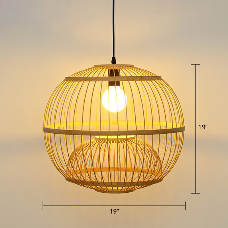Wood Handcrafted Cage Pendant Light Asian 1 Head Bamboo Drop Lamp for Dining Room Wood Large Globe Clearhalo 'Ceiling Lights' 'Modern Pendants' 'Modern' 'Pendant Lights' 'Pendants' Lighting' 2415339