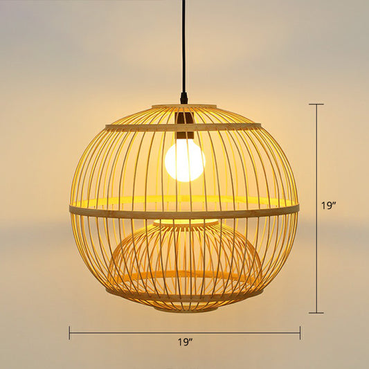 Wood Handcrafted Cage Pendant Light Asian 1 Head Bamboo Drop Lamp for Dining Room Wood Large Globe Clearhalo 'Ceiling Lights' 'Modern Pendants' 'Modern' 'Pendant Lights' 'Pendants' Lighting' 2415339