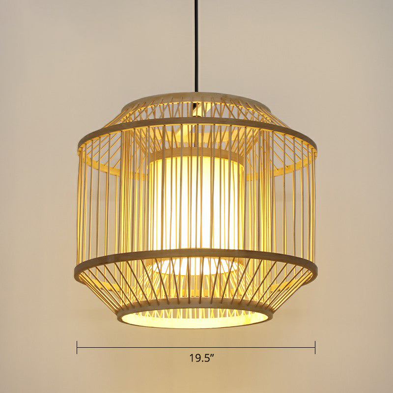 Wood Handcrafted Cage Pendant Light Asian 1 Head Bamboo Drop Lamp for Dining Room Wood Large Cylinder Clearhalo 'Ceiling Lights' 'Modern Pendants' 'Modern' 'Pendant Lights' 'Pendants' Lighting' 2415340