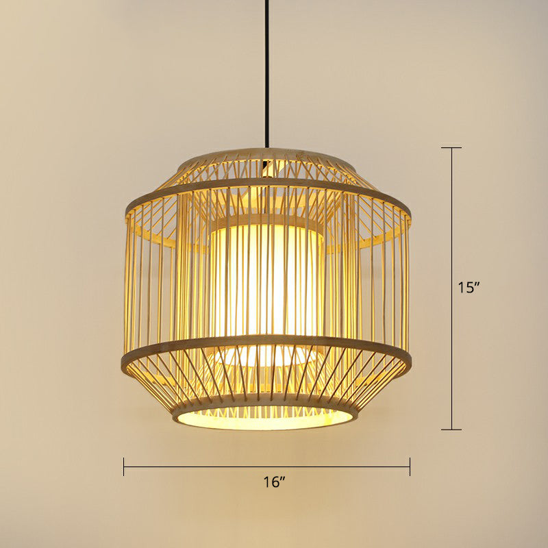 Wood Handcrafted Cage Pendant Light Asian 1 Head Bamboo Drop Lamp for Dining Room Wood Small Cylinder Clearhalo 'Ceiling Lights' 'Modern Pendants' 'Modern' 'Pendant Lights' 'Pendants' Lighting' 2415341