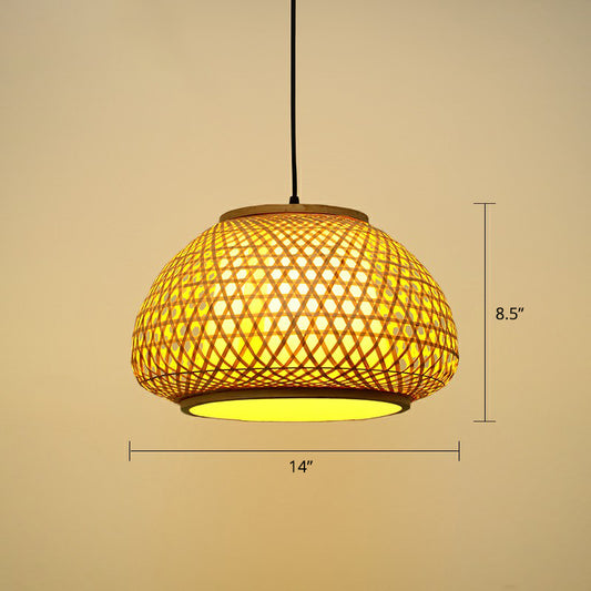 Wood Handcrafted Cage Pendant Light Asian 1 Head Bamboo Drop Lamp for Dining Room Wood Small Dome Clearhalo 'Ceiling Lights' 'Modern Pendants' 'Modern' 'Pendant Lights' 'Pendants' Lighting' 2415342