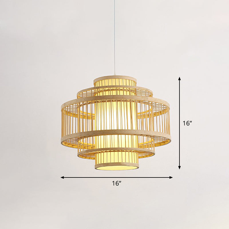 3-Shade Hanging Pendant Light Modern Bamboo Single Restaurant Ceiling Lamp in Wood Wood 16" Round Clearhalo 'Ceiling Lights' 'Modern Pendants' 'Modern' 'Pendant Lights' 'Pendants' Lighting' 2415350