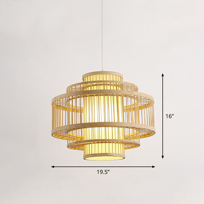 3-Shade Hanging Pendant Light Modern Bamboo Single Restaurant Ceiling Lamp in Wood Wood 19.5" Round Clearhalo 'Ceiling Lights' 'Modern Pendants' 'Modern' 'Pendant Lights' 'Pendants' Lighting' 2415351
