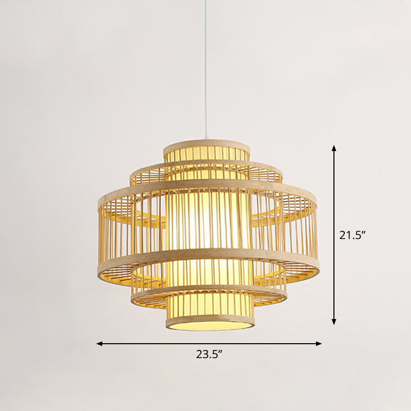 3-Shade Hanging Pendant Light Modern Bamboo Single Restaurant Ceiling Lamp in Wood Wood 23.5" Round Clearhalo 'Ceiling Lights' 'Modern Pendants' 'Modern' 'Pendant Lights' 'Pendants' Lighting' 2415352