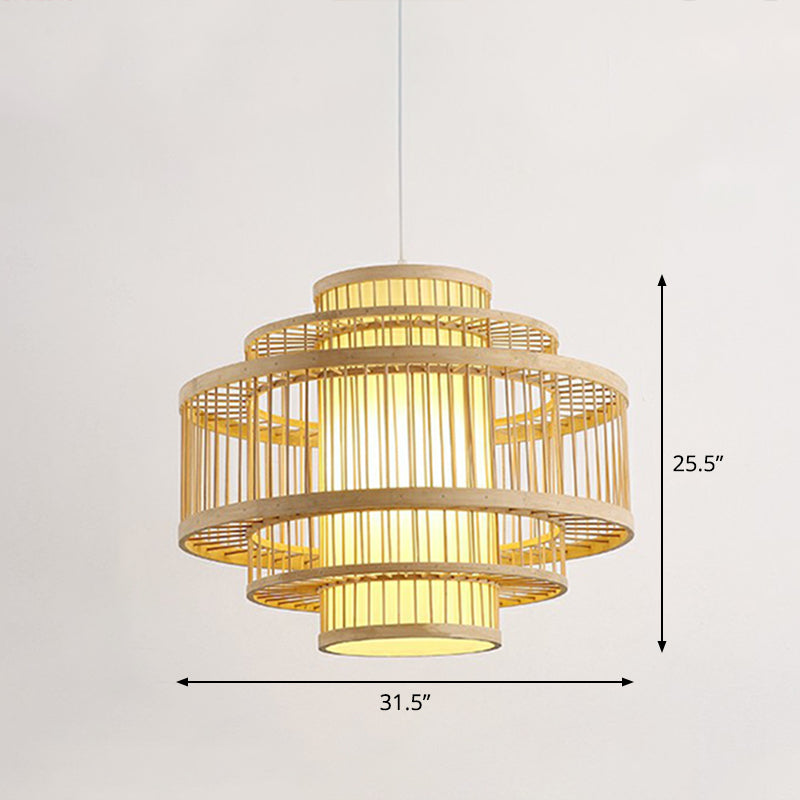 3-Shade Hanging Pendant Light Modern Bamboo Single Restaurant Ceiling Lamp in Wood Wood 31.5" Round Clearhalo 'Ceiling Lights' 'Modern Pendants' 'Modern' 'Pendant Lights' 'Pendants' Lighting' 2415353