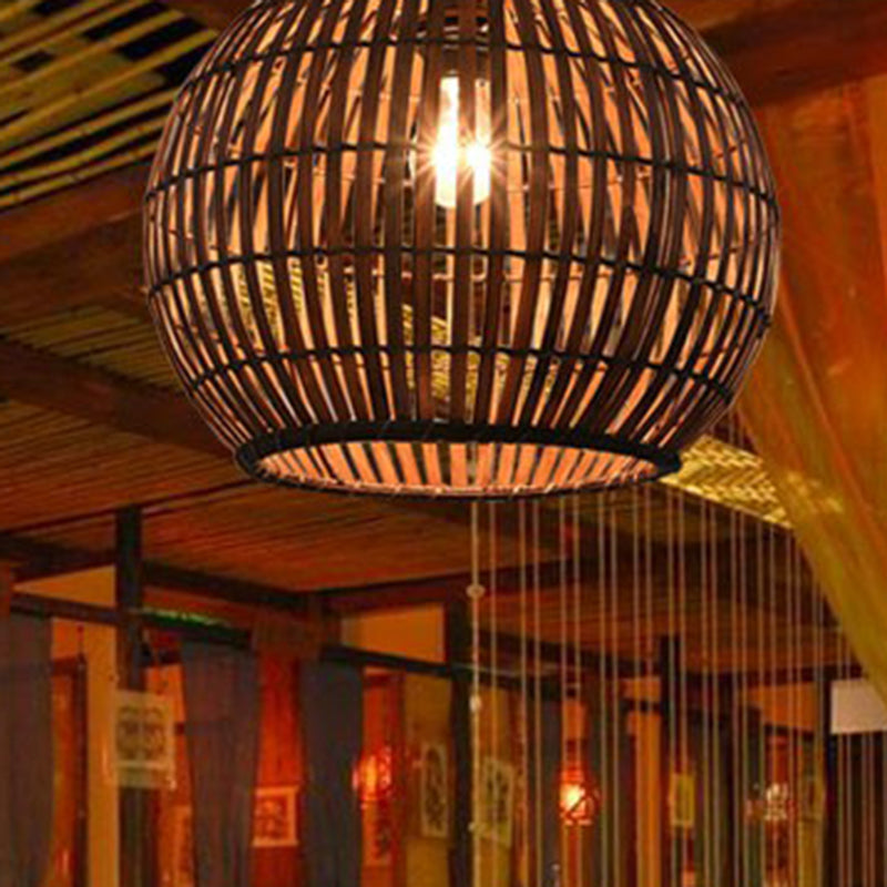 Coffee Cage Suspension Light Chinese Style 1-Light Bamboo Pendant Lighting Fixture Coffee Globe Clearhalo 'Ceiling Lights' 'Modern Pendants' 'Modern' 'Pendant Lights' 'Pendants' Lighting' 2415360