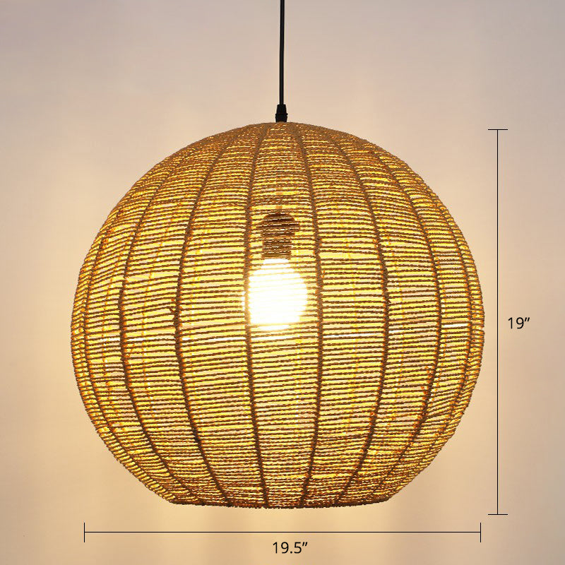 Sphere Shaped Rattan Suspension Light Minimalist 1 Head Pendant Ceiling Light for Restaurant Wood 19.5" Clearhalo 'Ceiling Lights' 'Modern Pendants' 'Modern' 'Pendant Lights' 'Pendants' Lighting' 2415370