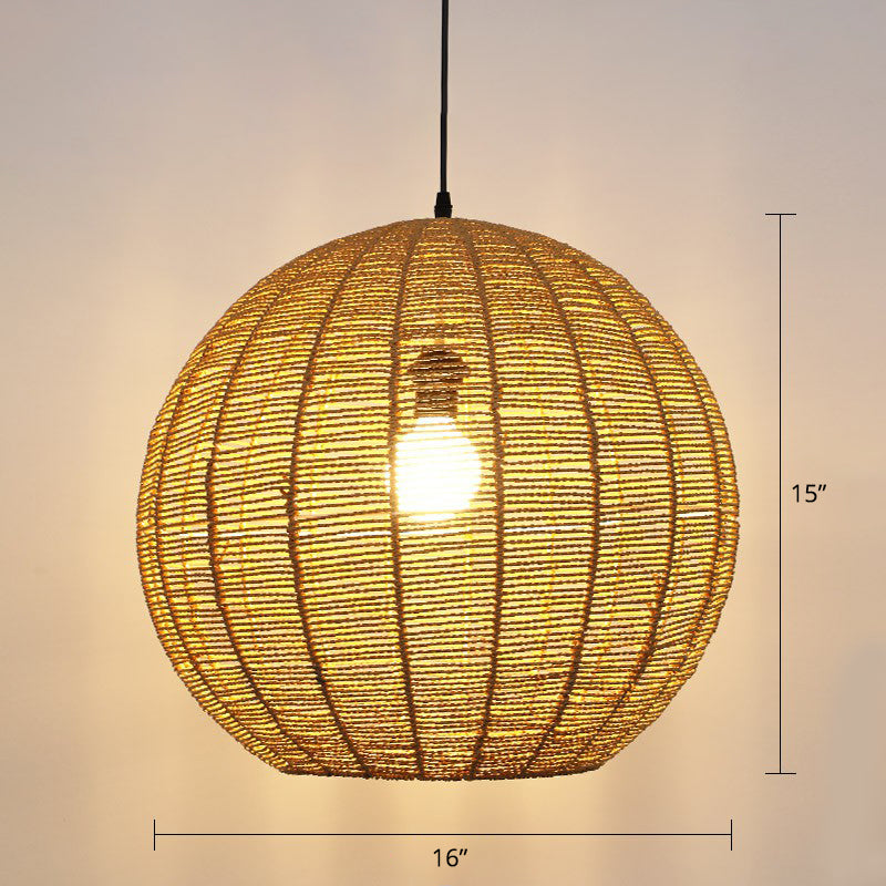Sphere Shaped Rattan Suspension Light Minimalist 1 Head Pendant Ceiling Light for Restaurant Wood 16" Clearhalo 'Ceiling Lights' 'Modern Pendants' 'Modern' 'Pendant Lights' 'Pendants' Lighting' 2415371