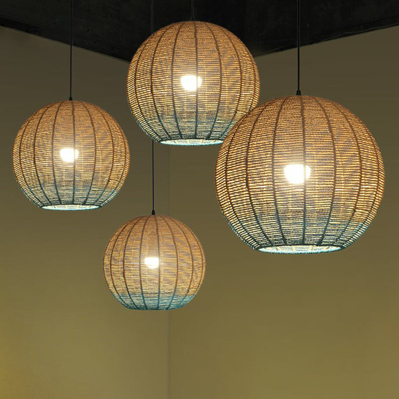 Asian Creative Spherical Pendant Lamp Rattan 1 Bulb Restaurant Ceiling Light in Wood and Blue Clearhalo 'Ceiling Lights' 'Modern Pendants' 'Modern' 'Pendant Lights' 'Pendants' Lighting' 2415373