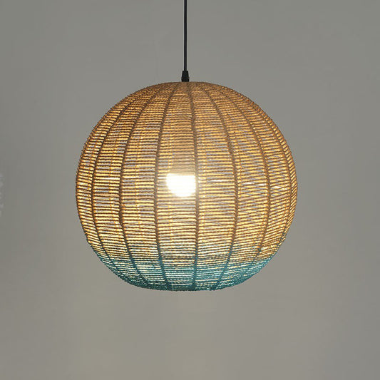 Asian Creative Spherical Pendant Lamp Rattan 1 Bulb Restaurant Ceiling Light in Wood and Blue Clearhalo 'Ceiling Lights' 'Modern Pendants' 'Modern' 'Pendant Lights' 'Pendants' Lighting' 2415375