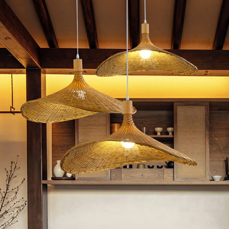 Hat Shaped Pendant Lighting Fixture Asian Bamboo 1-Light Wood Hanging Lamp for Tearoom Clearhalo 'Ceiling Lights' 'Modern Pendants' 'Modern' 'Pendant Lights' 'Pendants' Lighting' 2415385